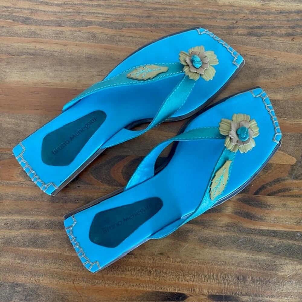 Bruno Menegatti Teal Leather Flip Flop Sandals - Size 8 - Picture 2 of 6